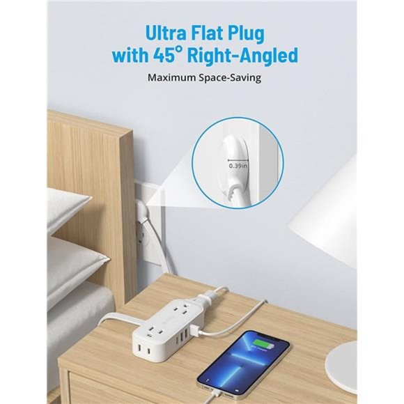 Ultra Flat Plug Power Strip - 5ft Flat Extension Cord, 4 Widely AC Outlet, 4 USB - Picture 3 of 6